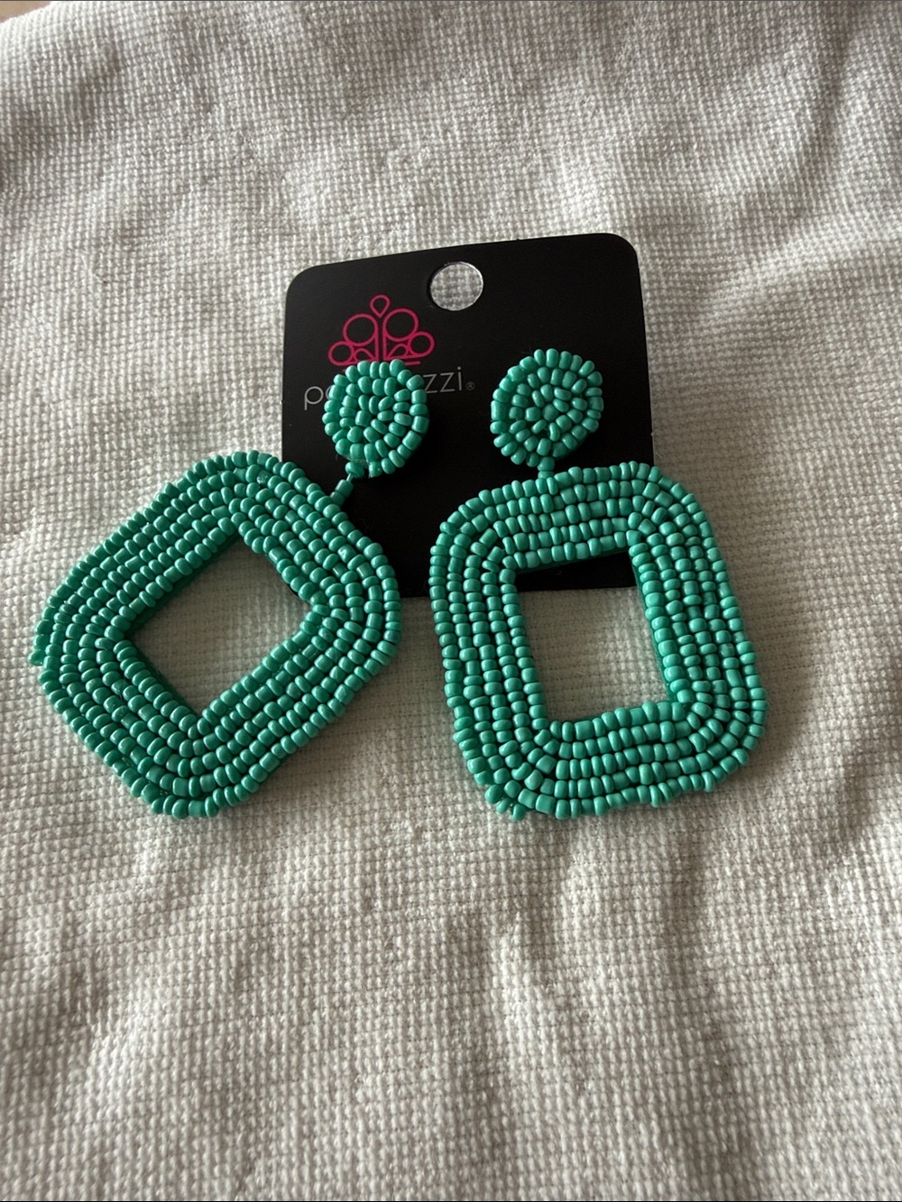 Paparazzi Teal Beaded Open-Square Drop Earrings